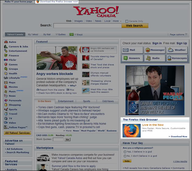Imagem relacionada a Yahoo! Canada promovendo o Mozilla Firefox