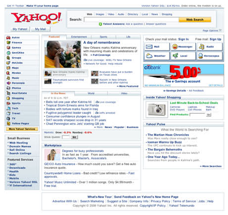 Imagem relacionada a A evolução da home page do Yahoo!
