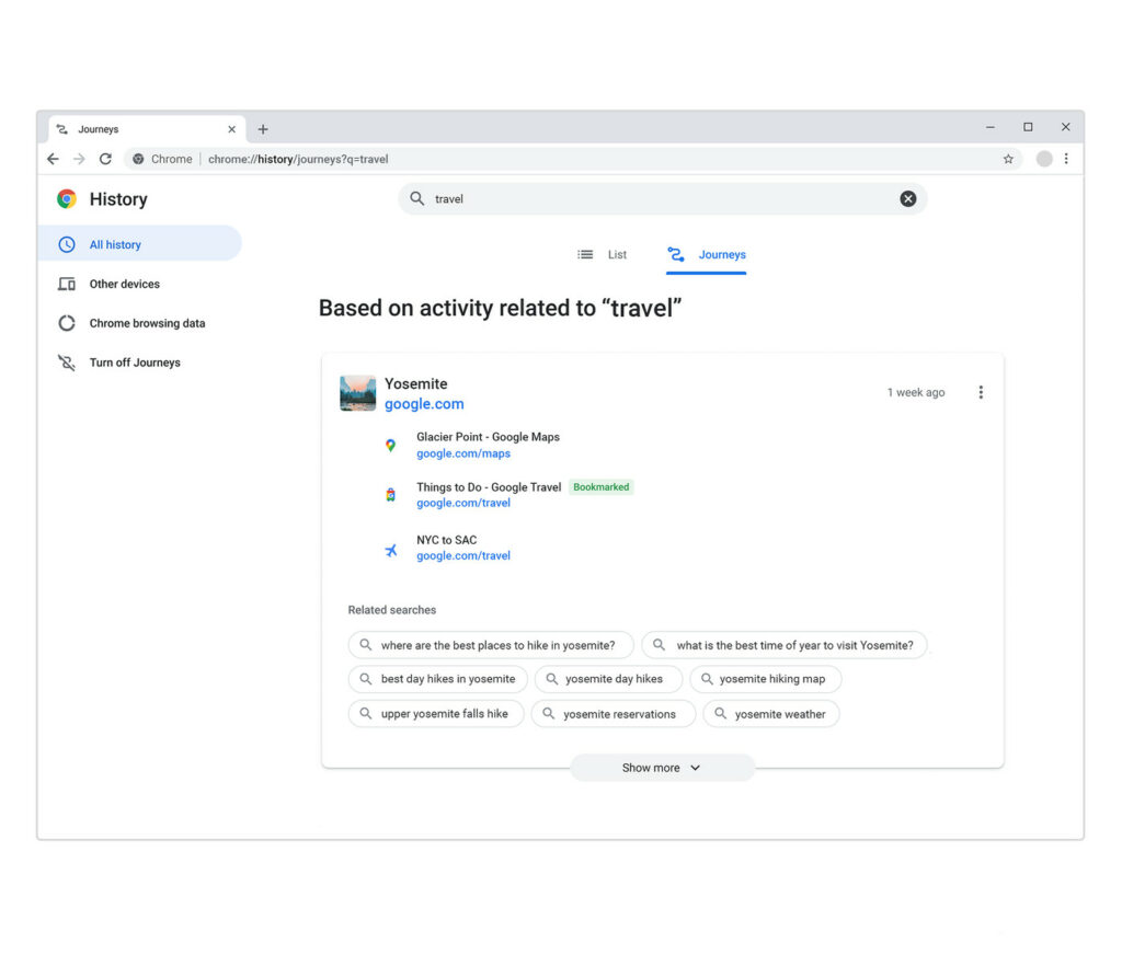 Imagem relacionada a "Jornadas" no Chrome ajuda você a encontrar suas pesquisas anteriores