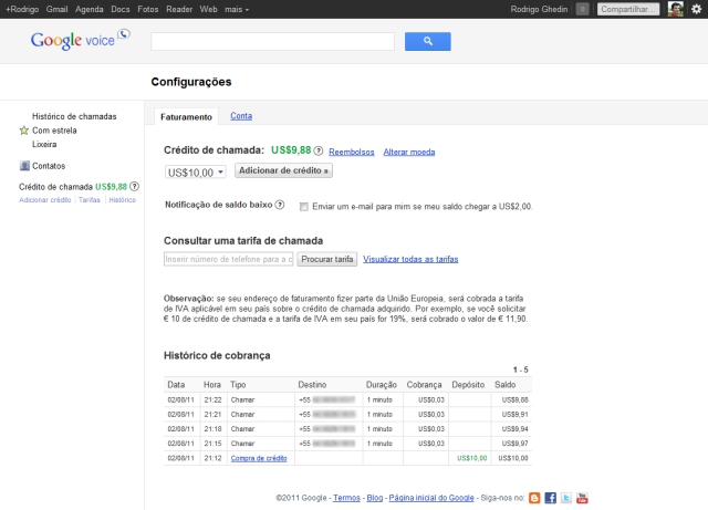 Configurações e créditos no Google Voice.