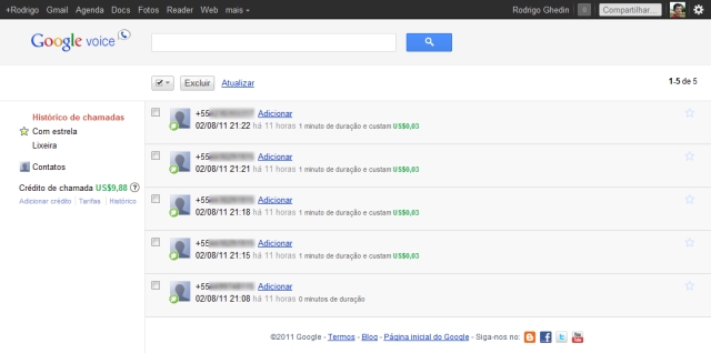 Dashboard do Google Voice.