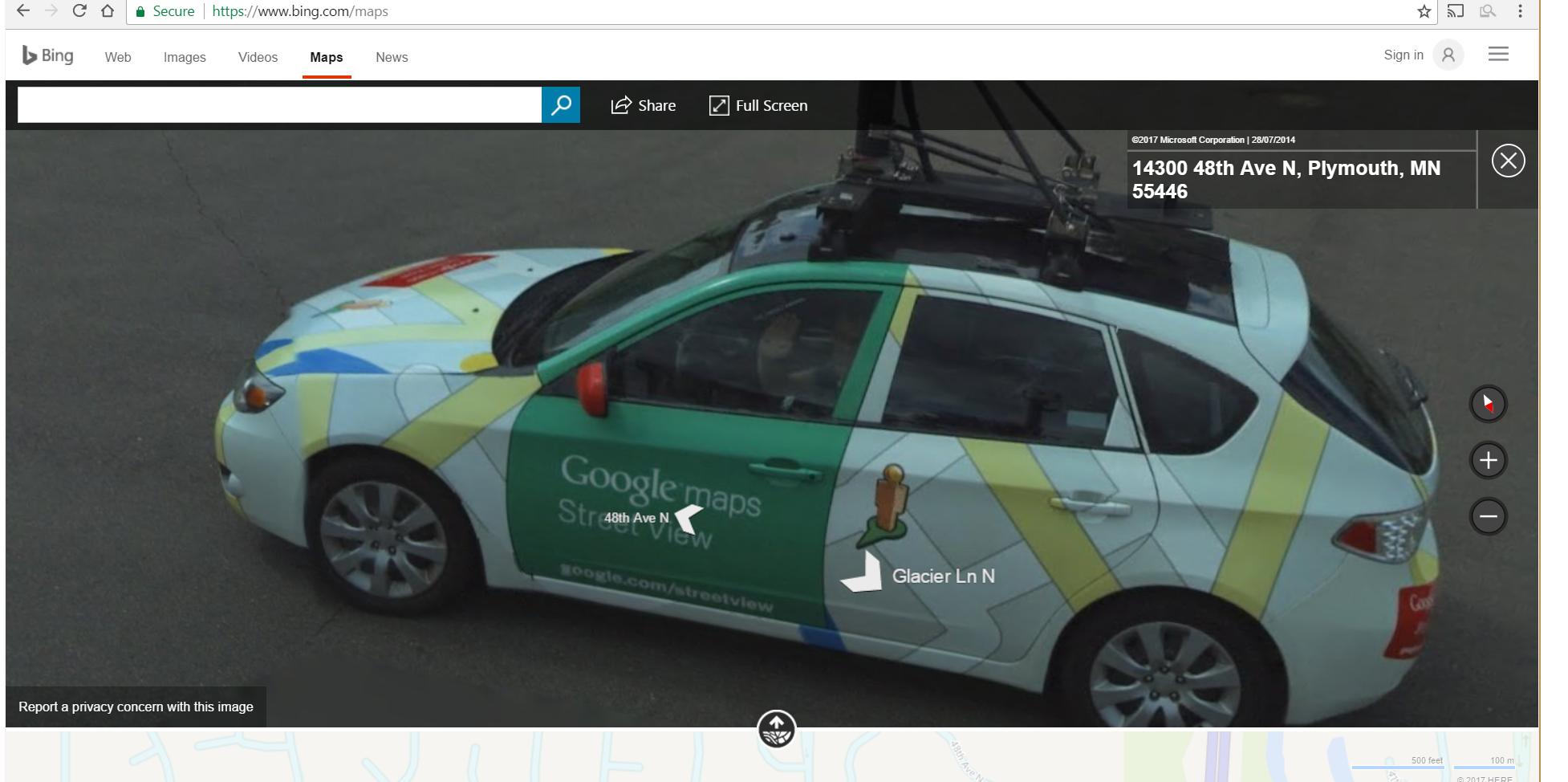 Imagem relacionada a Google Street View registra imagens do Bing Streetside (e vice-versa)