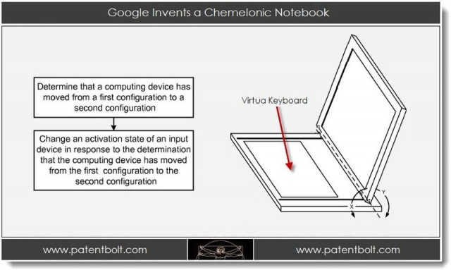 Imagem relacionada a Patente do Google mostra notebook/tablet com teclado virtual