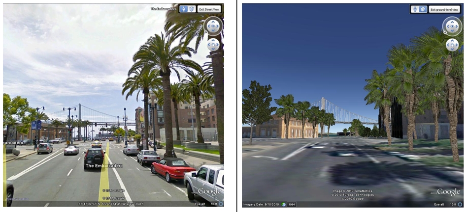 Comparação do Street View e da visualização de prédio em 3D com árvores Imagem relacionada a Street View, Árvores e Oceano no Google Earth