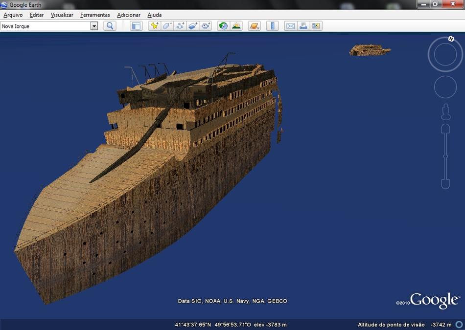 Visualização do Titanic, em 3D, através da opção Fundo do Oceano Imagem relacionada a Street View, Árvores e Oceano no Google Earth