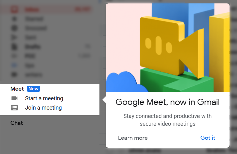 Imagem relacionada a Google Meet começa a aparecer dentro do Gmail