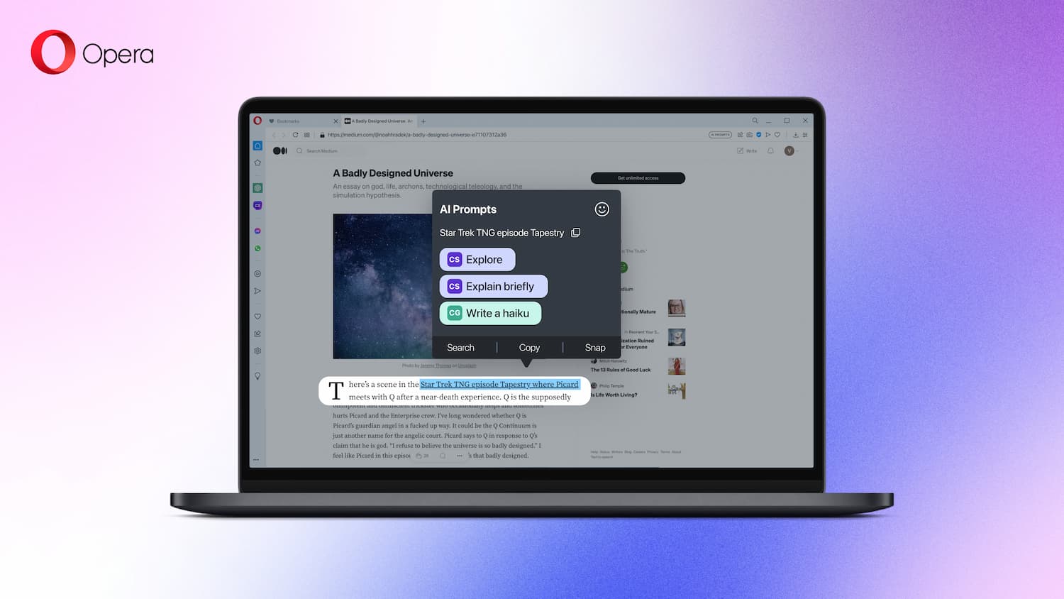 Imagem relacionada a Opera apresenta novidades de IA: chatbots e prompts no navegador