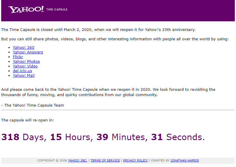 Imagem relacionada a Cápsula do Tempo do Yahoo! será aberta em 2020. Ou não.